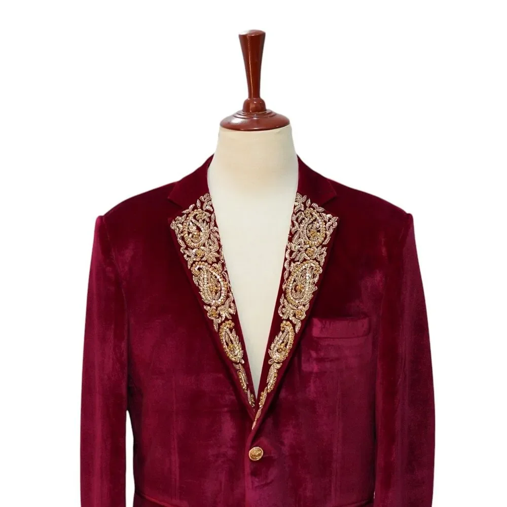 Mens 42R Burgundy Velvet Blazer Hand Embroidered Gold Paisley Tuxedo Suit Jacket